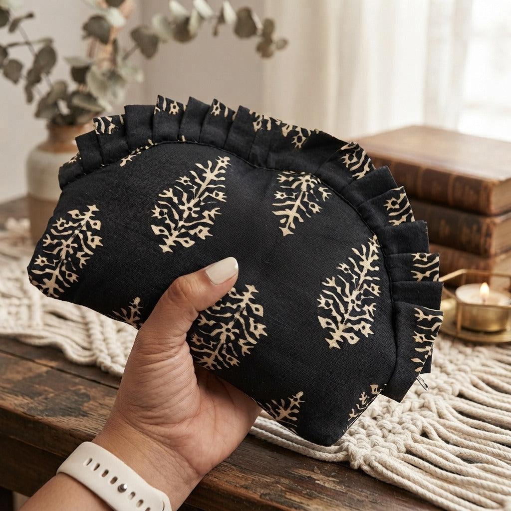 Frill Purse- Black & Gold Floral Kalamkari printed