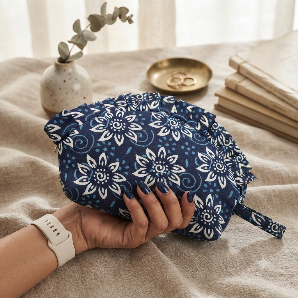 Frill Purse- Royal Blue Vintage Floral