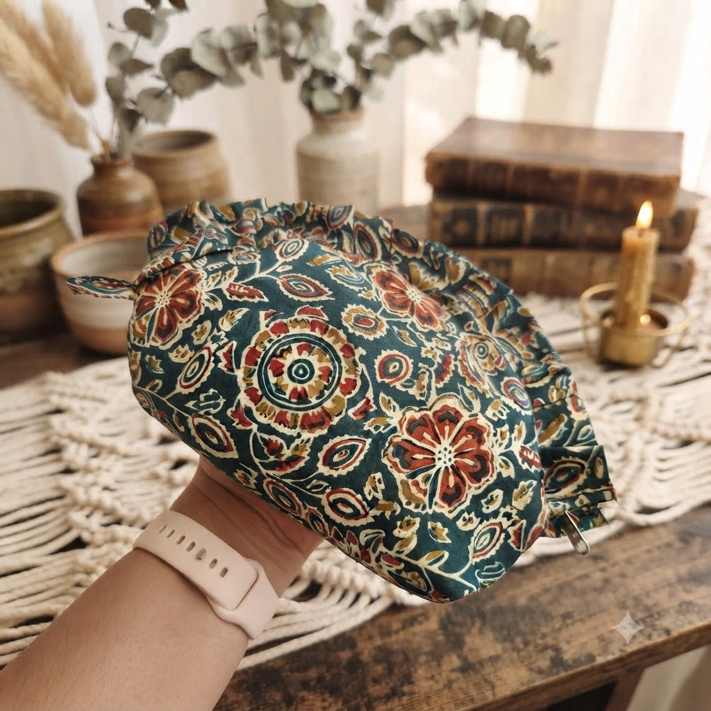 Frill Purse-  Navy Kalamkari  printed
