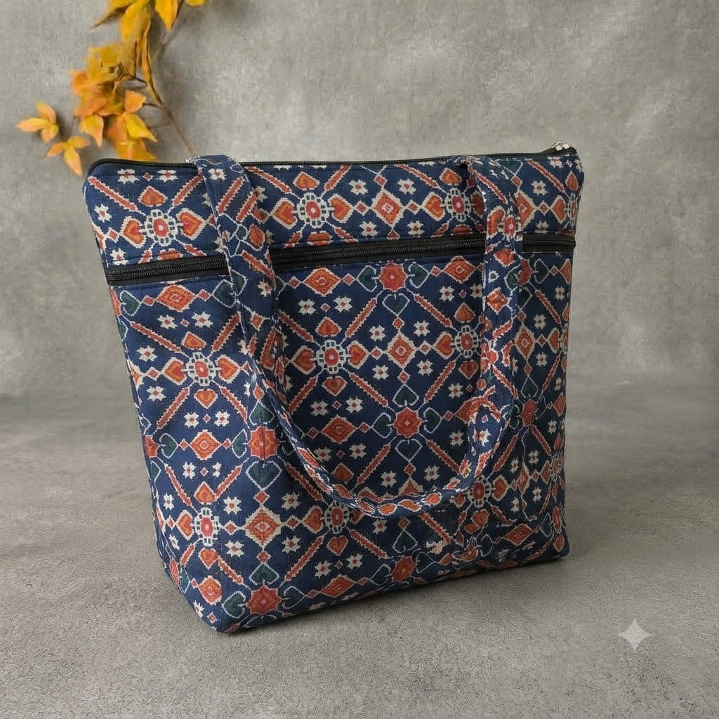 Medium Size Handbag - Dark Blue Boho Geometric Print