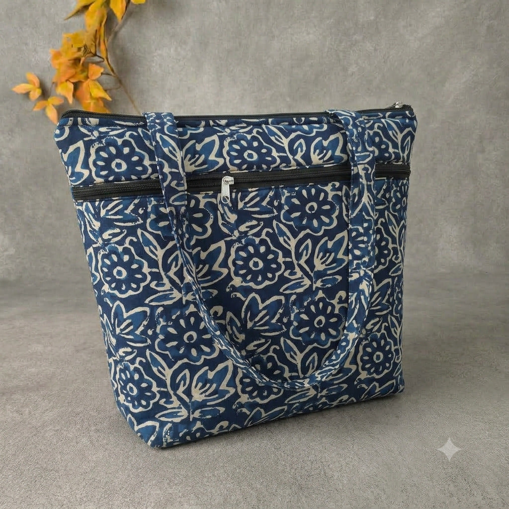 Medium Size Handbag - Indigo White Floral Motif