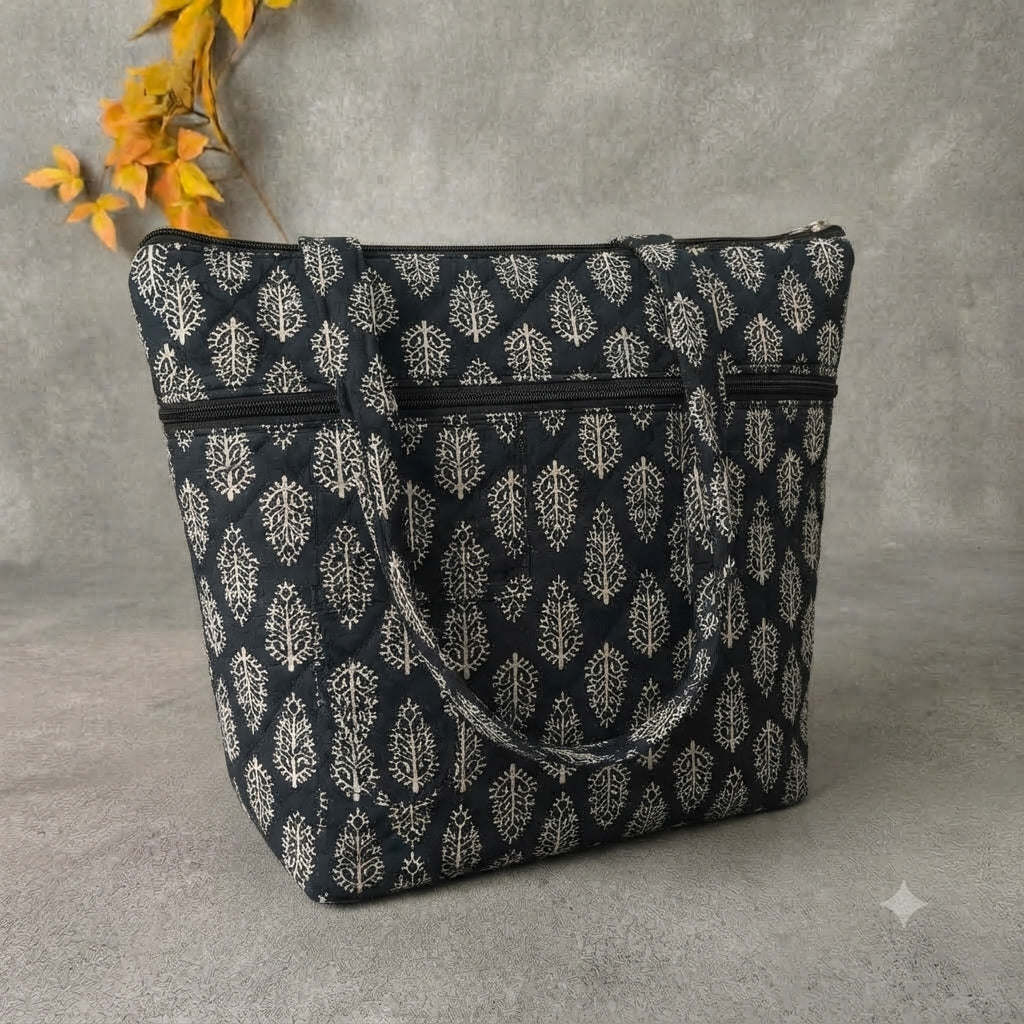 Medium Size Handbag - Black & White Ethnic Leaf Motif