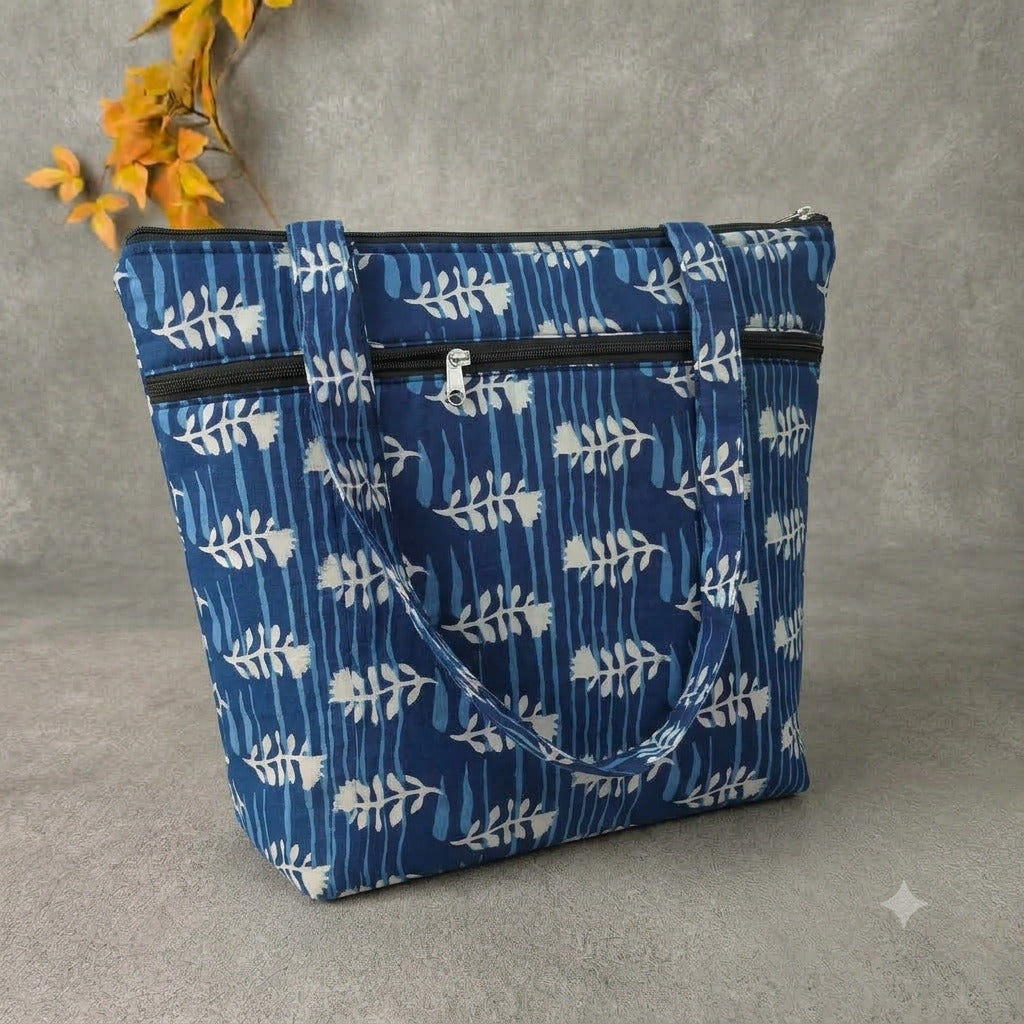 Medium Size Handbag - blue with leaf printed