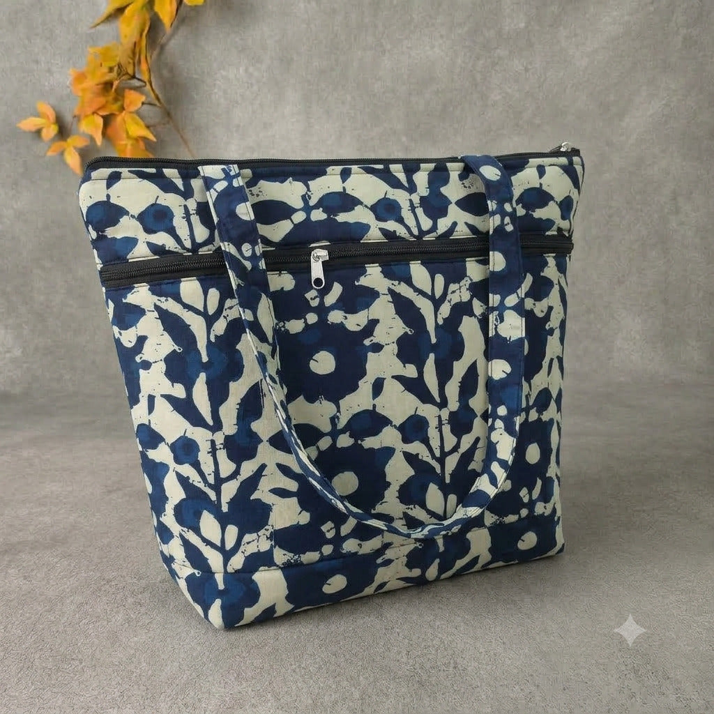 Medium Size Handbag - Indigo Botanical Print