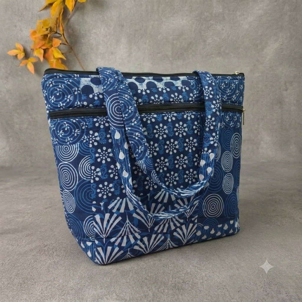 Medium Size Handbag - Navy Mandala Geometric Motif