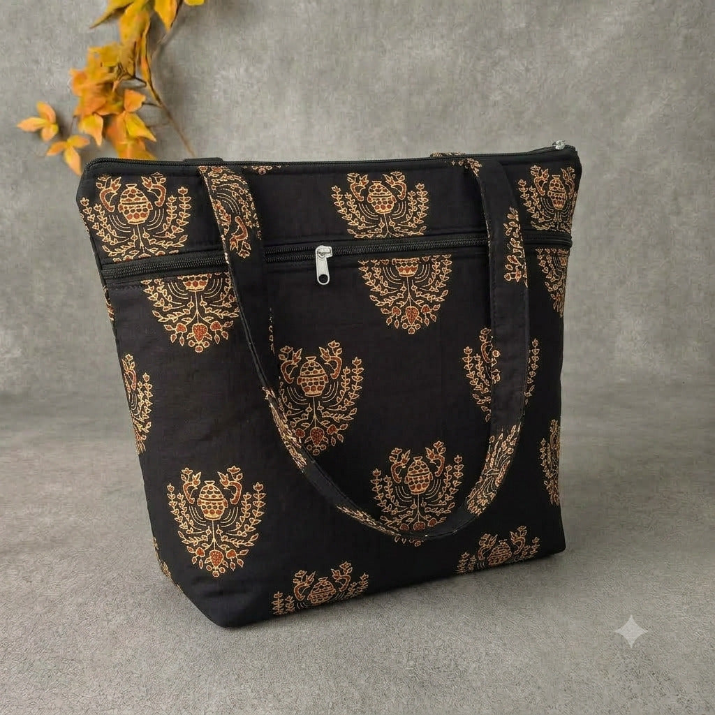 Medium Size Handbag - Black & Gold Ethnic Floral Print