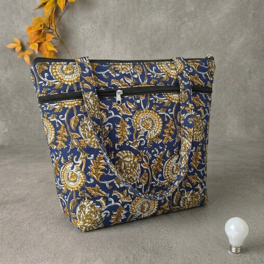 Medium Size Handbag - dark blue kalamkari printed