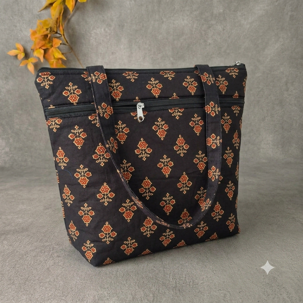 Medium Size Handbag - Black & Gold Floral Print