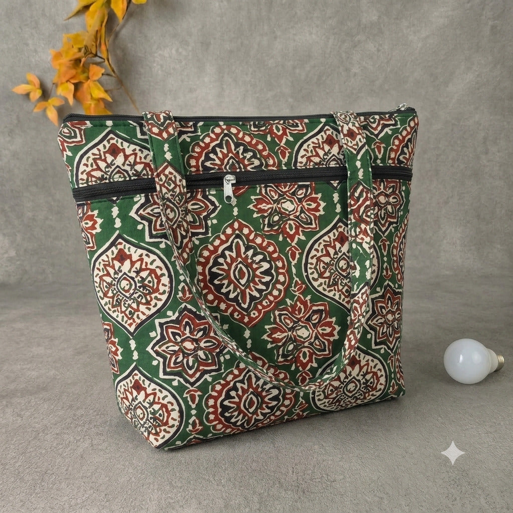 Medium Size Handbag - Green Floral kalamkari Print