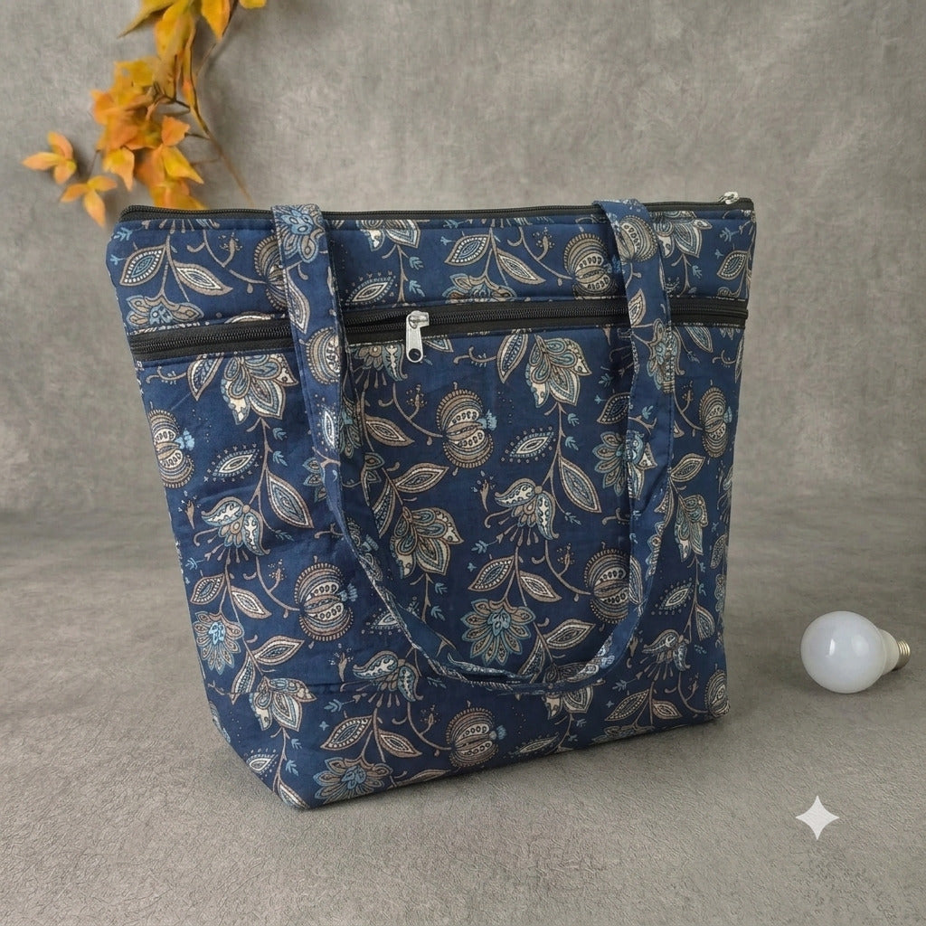 Medium Size Handbag - Blue Floral Print with Premium