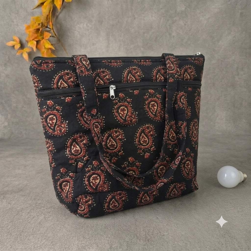 Medium Size Handbag - Black Floral Kalamkari Print