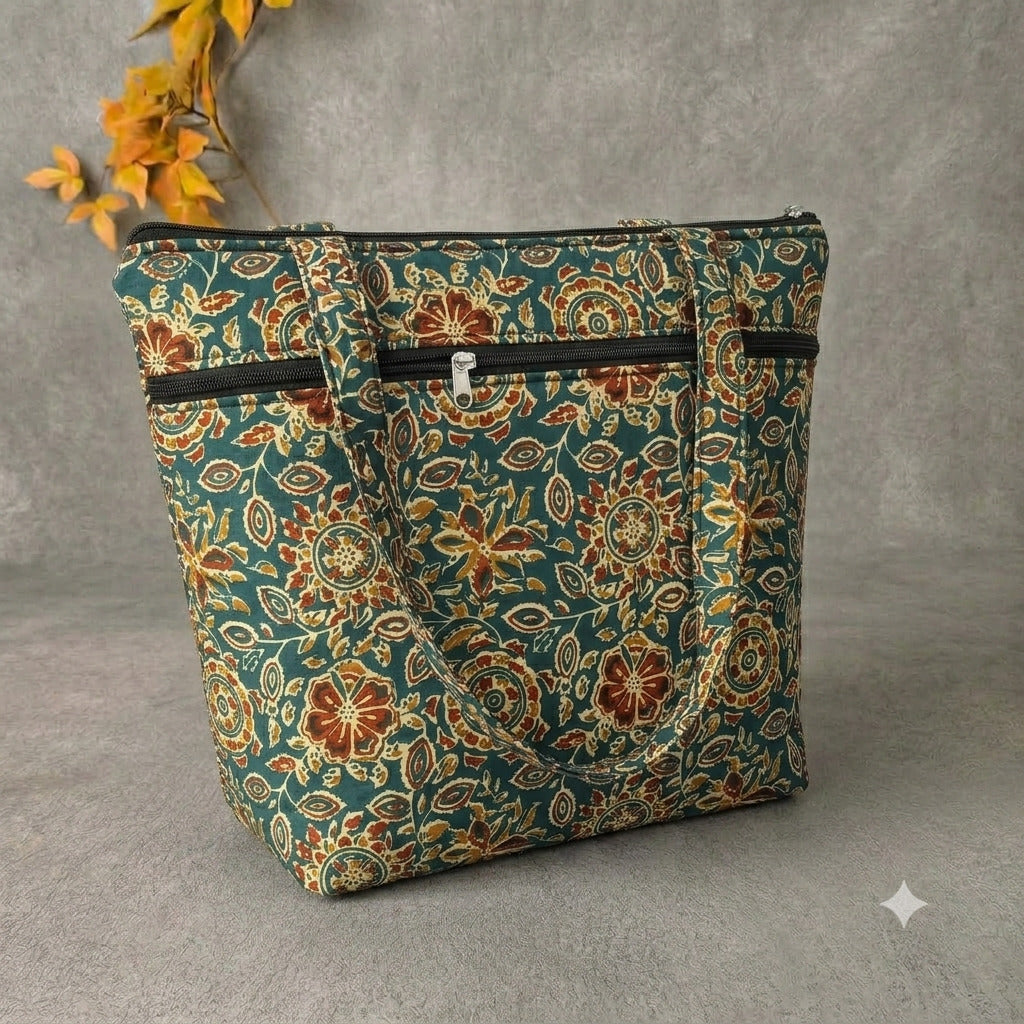 Medium Size Handbag - light green kalamkari print