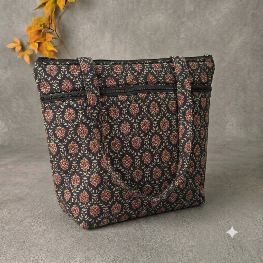Medium Size Handbag - Black Kalamkari Print