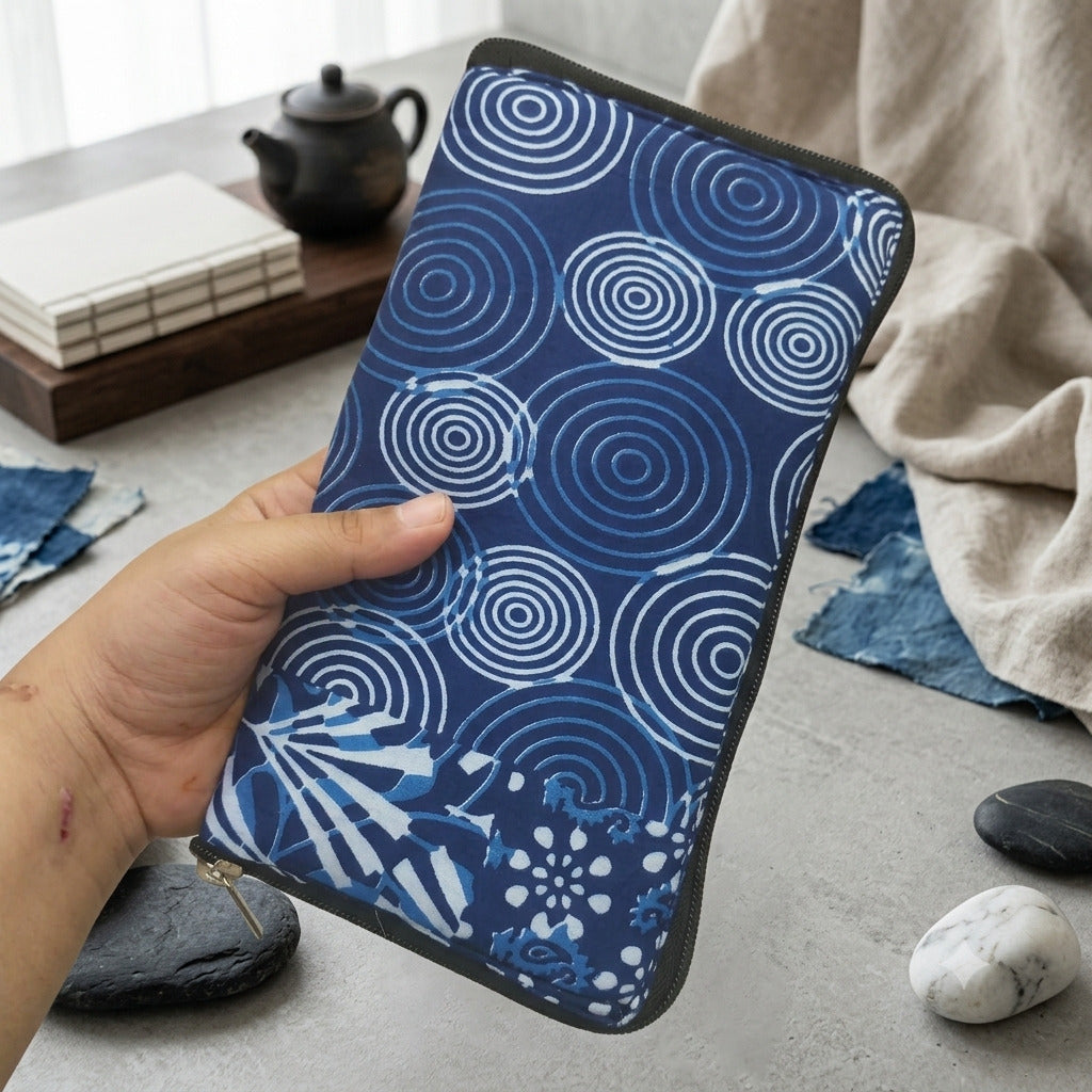 Harmonium Purse - indigo batik/swirl pattern