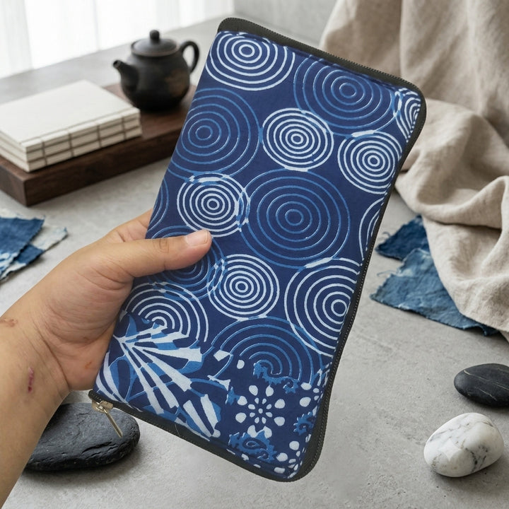 Harmonium Purse - indigo batik/swirl pattern