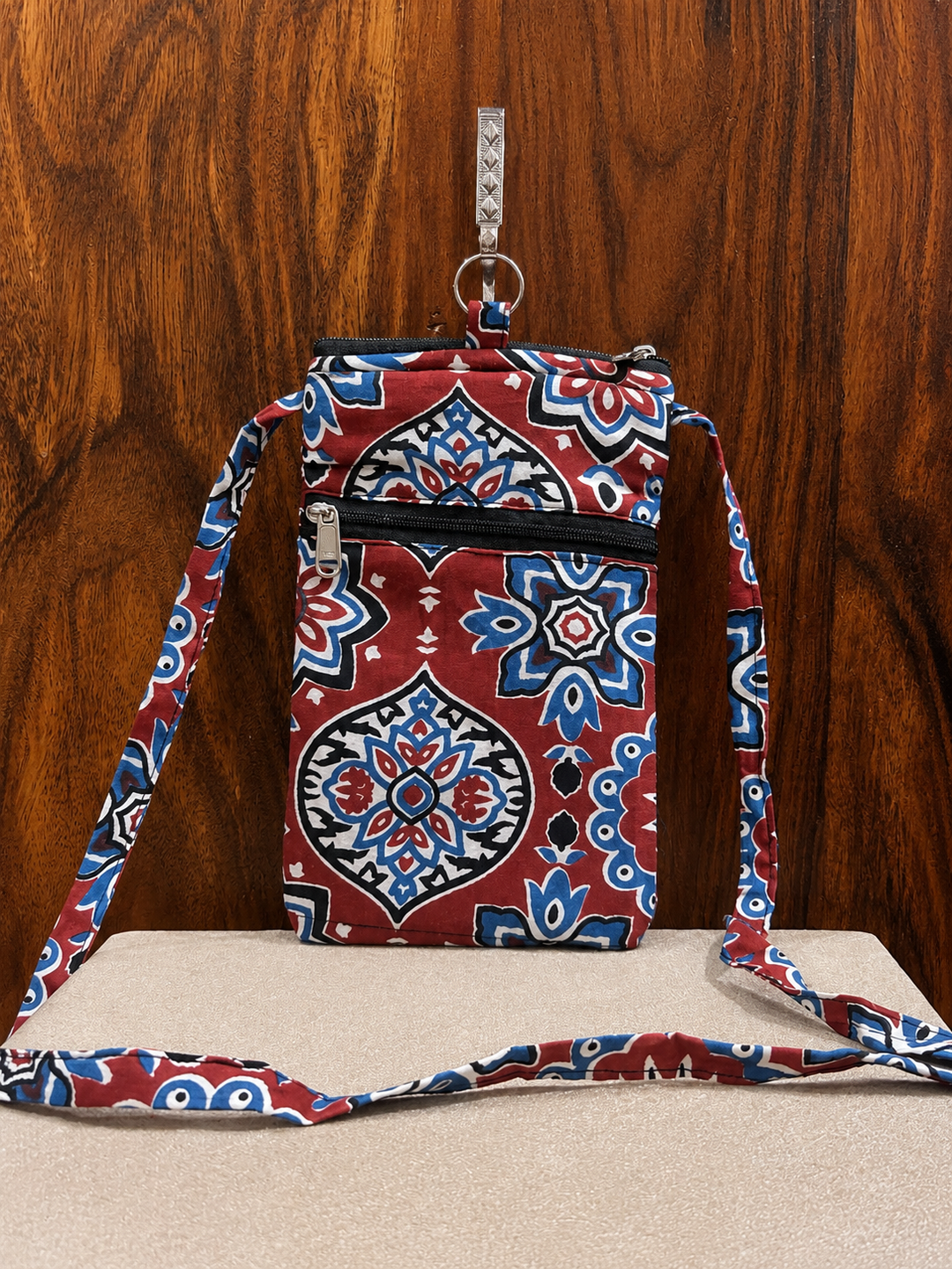 Mobile Sling - maroon with blue color print (With Saree Clip) (Copy)