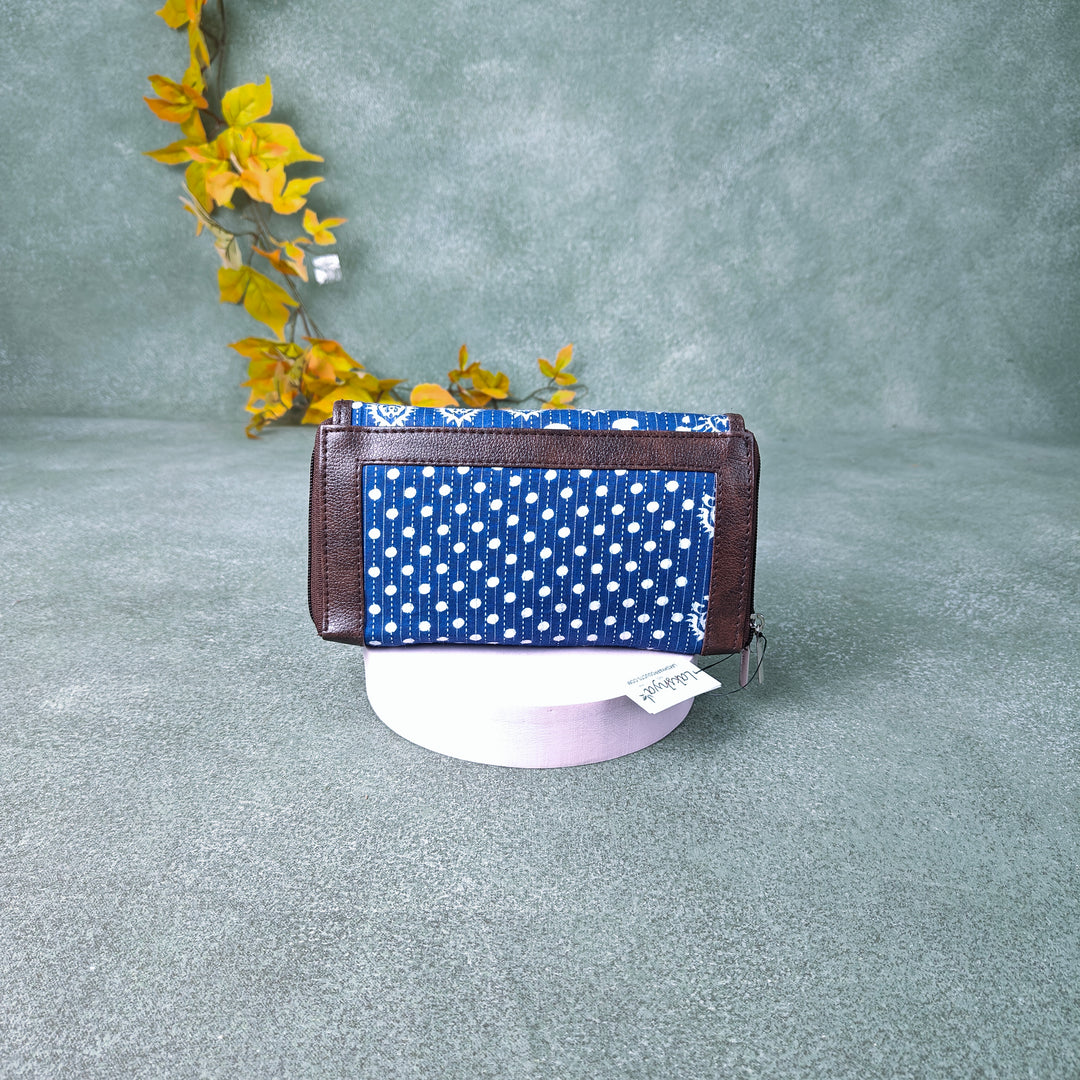 Handmade Wallets Dual Zip Blue Colour with White Ditsy Prints